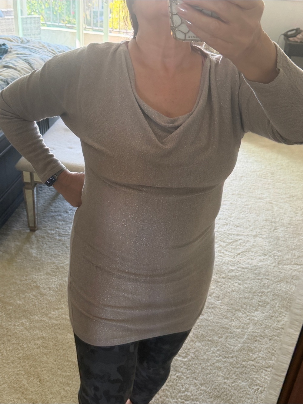 White House Black Market Sparkle Taupe Cowl-Neck Sweater Top